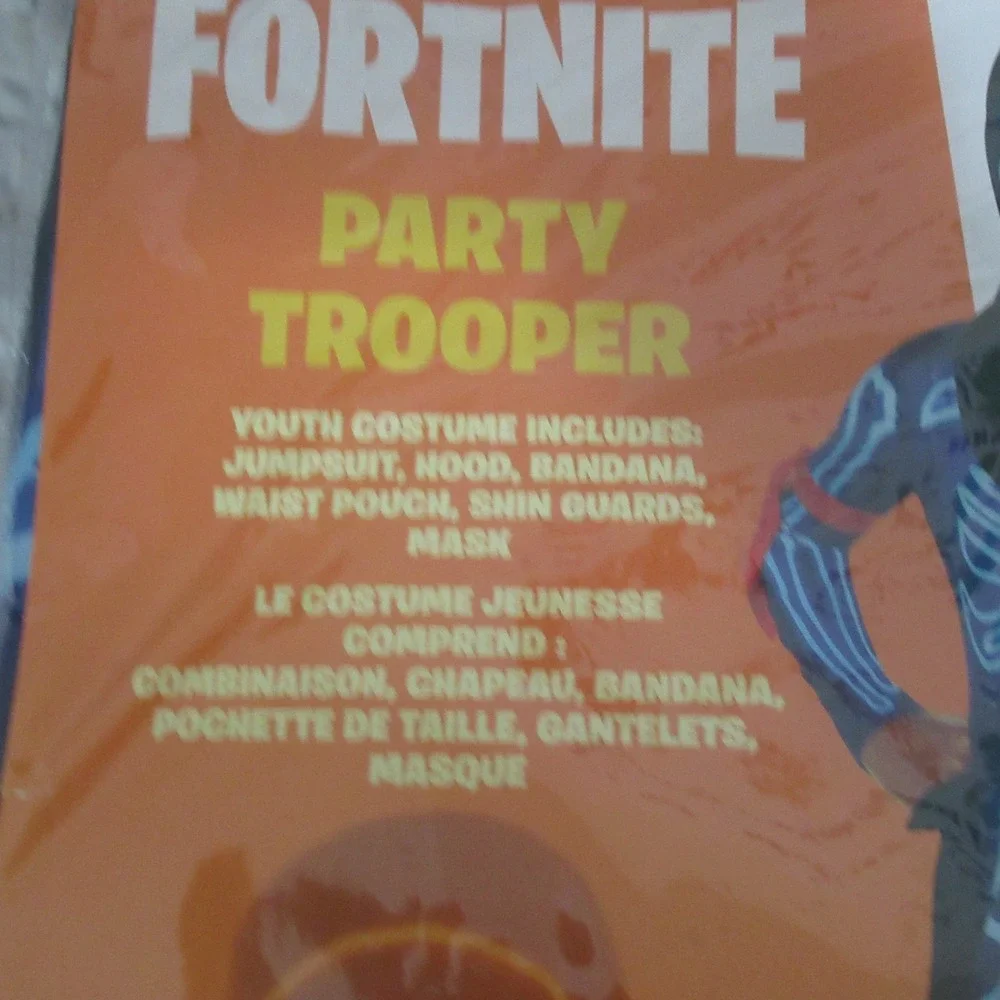 Fortnite Party Trooper Costume Youth Large 10-12 Blue New Skeleton Halloween